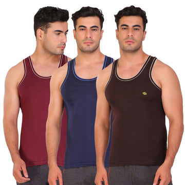 T.T. Men Regular Solid Pack Of 3 Dyed Vest Assorted