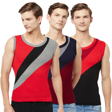 T.T. Men Designer Gym Vest  Pack Of 3 Black-Red::Red-Black::Maroon-Navy