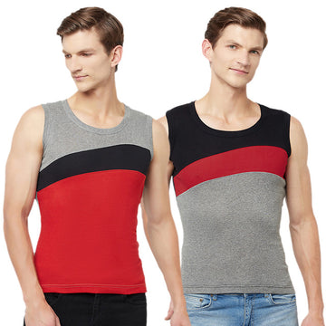 T.T. Men Designer Gym Vest  Pack Of 2 Black-Red::Grey-Red