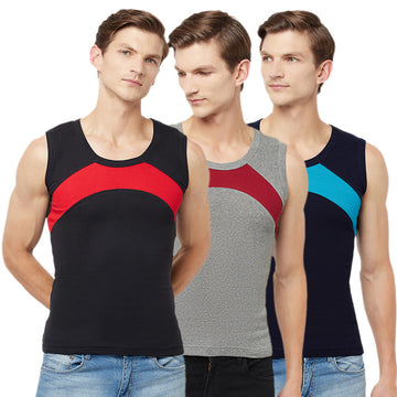 T.T. Men Designer Gym Vest  Pack Of 3 Black-Red::Grey-Maroon::Navy-Sky