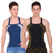 T.T. Men Designer  Gym Vest Pack Of 2 Black-Olive ::Blue-Grey