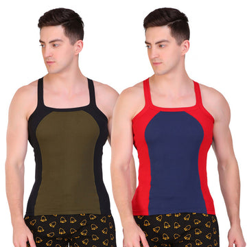 T.T. Men Designer  Gym Vest Pack Of 2 Red-Blue ::Black-Olive