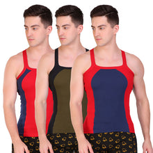 T.T. Men Designer  Gym Vest Pack Of 3 Blue-Red ::Red-Blue::Black-Olive