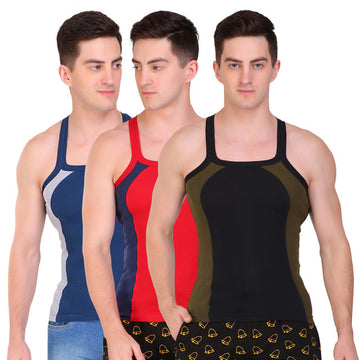 T.T. Men Designer  Gym Vest Pack Of 3 Black-Olive ::Blue-Grey ::Red-Blue