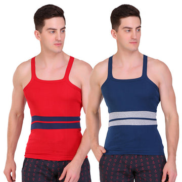 T.T. Men Designer  Gym Vest Pack Of 2 Blue-Grey ::Red-Blue