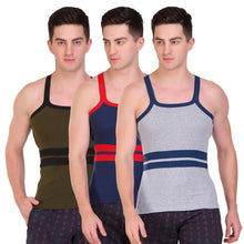 T.T. Men Designer  Gym Vest Pack Of 3 Grey-Blue ::Blue-Red::Olive-Black