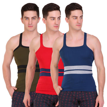 T.T. Men Designer  Gym Vest Pack Of 3 Blue-Grey ::Red-Blue::Olive-Black