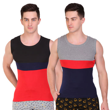 T.T. Men Designer  Gym Vest Pack Of 2 Grey-Blue ::Black-Red