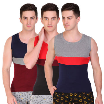 T.T. Men Designer  Gym Vest Pack Of 3 Grey-Blue ::Red-Black ::Blue-Maroon