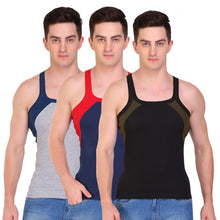 T.T. Men Designer  Gym Vest Pack Of 3 Black-Olive ::Blue-Red::Grey-Blue