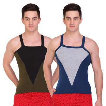 T.T. Men Designer  Gym Vest Pack Of 2 Blue-Grey::Olive-Black