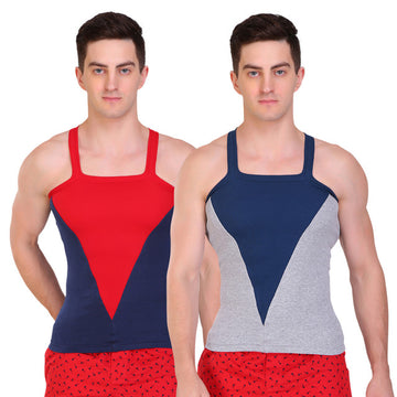 T.T. Men Designer  Gym Vest Pack Of 2 Grey-Blue::Blue-Red