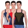 T.T. Men Designer  Gym Vest Pack Of 3 Black-Olive ::Blue-Red::Grey-Blue