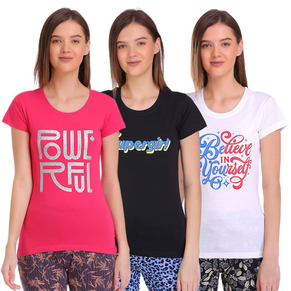 T.T. Women Slim Fit Printed Round Neck T-Shirt Black::White::Fuschia