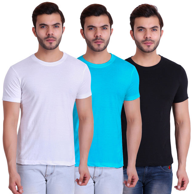 T.T. Men Solid Cotton Tshirts Pack Of 3 Black::Turquoise::White