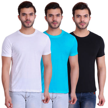 T.T. Men Solid Cotton Tshirts Pack Of 3 Black::Turquoise::White