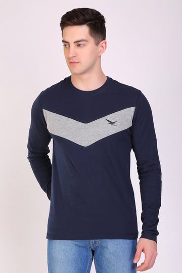 HiFlyers Men Round Neck Full Sleeve Cut & Sew Navy T-Shirt