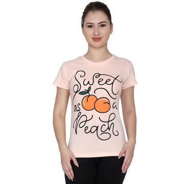 T.T. Women Slim Fit Printed Round Neck Printed T-Shirt Peach