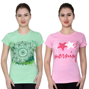 T.T. Women Printed Slim Fit Tshirt Pack Of 2 Green::Pink