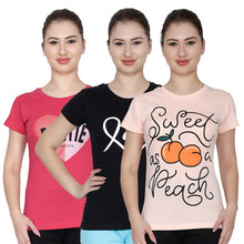T.T. Women Printed Slim Fit Tshirt Pack Of 3 Peach::Black::Fuschia
