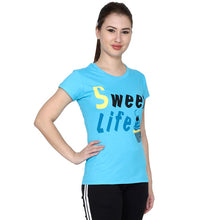 T.T. Women Slim Fit Printed Round Neck Printed T-Shirt Skyblue