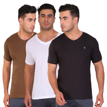 T.T. Men Slim Fit V-Neck T-Shirt Solid Pack Of 3 Brown::White::Black