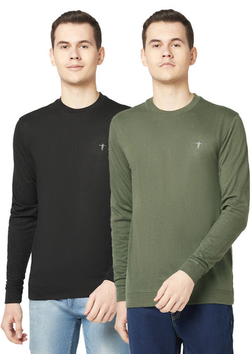 T.T. Men Cotton Polyster Regular Fit Solid Full Sleeve T-Shirt Pack Of 2 (Black::Olive )