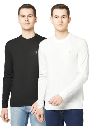 T.T. Men Cotton Polyster Regular Fit Solid Full Sleeve T-Shirt Pack Of 2 (Black::White )