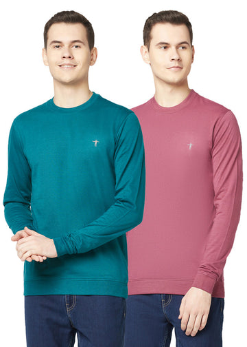 T.T. Men Cotton Polyster Regular Fit Solid Full Sleeve T-Shirt Pack Of 2 (Airforce::Onion )