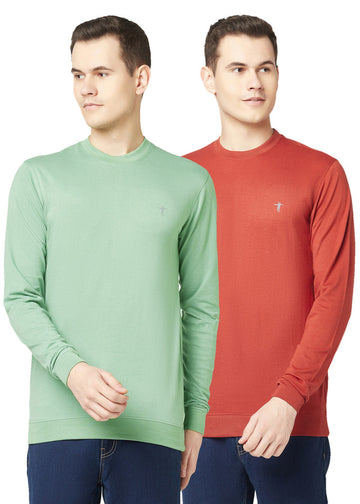 T.T. Men Cotton Polyster Regular Fit Solid Full Sleeve T-Shirt Pack Of 2 (Orange::Green )