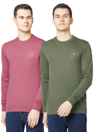 T.T. Men Cotton Polyster Regular Fit Solid Full Sleeve T-Shirt Pack Of 2 (Olive::Onion )