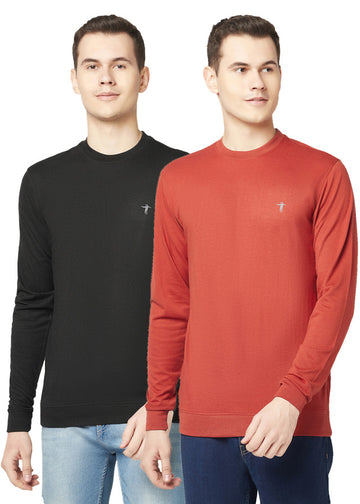 T.T. Men Cotton Polyster Regular Fit Solid Full Sleeve T-Shirt Pack Of 2 (Black::Orange )