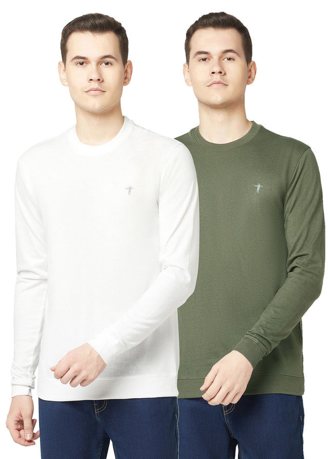 T.T. Men Cotton Polyster Regular Fit Solid Full Sleeve T-Shirt Pack Of 2 (White::Olive )