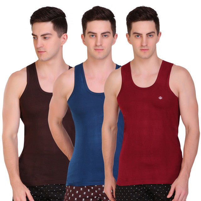 T.T. Men Solid Pack Of 3 Dyed Vest Assorted