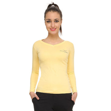 HiFlyers Women Full Sleevs T-Shirts V Neck Yellow