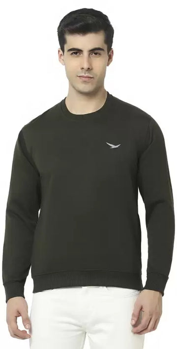 Hiflyers Mens Olive Slim Fit Solid Cotton Fleece Sweatshirt